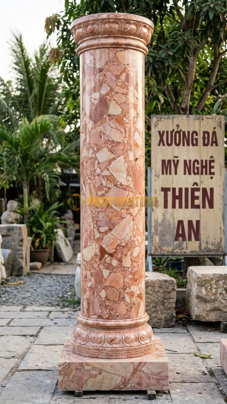 Cột Đá Hồng Mặt Tiền Đại Sảnh Kích Thước Khổng Lồ, Bề Mặt Bóng Kiếng Ø 60X500 Cm