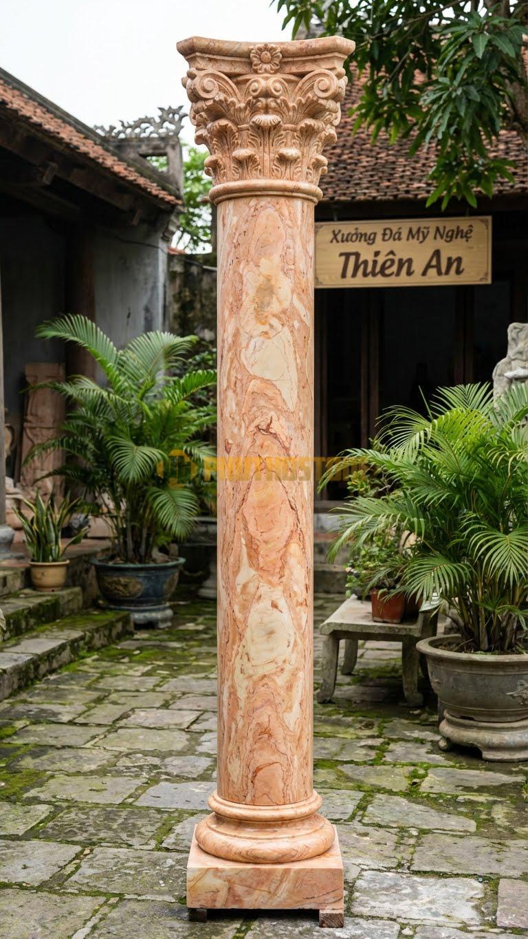 Cột Đá Hồng Phục Hưng Công Giáo Đầu Cột Phức Hợp Nhiều Tầng Hoa Lá Ø 45X400 Cm