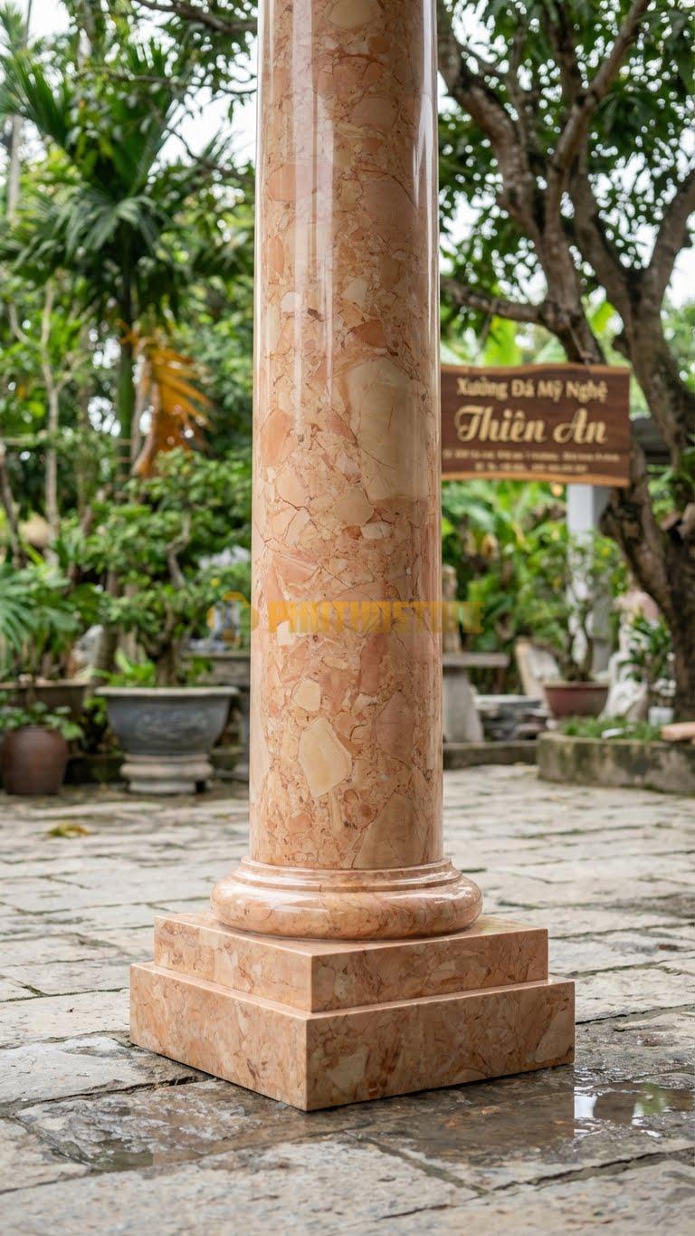 Cột Đá Hồng Roman Đơn Giản Thân Trơn, Đế Vuông Cao 2 Tầng Ø 50X400 Cm