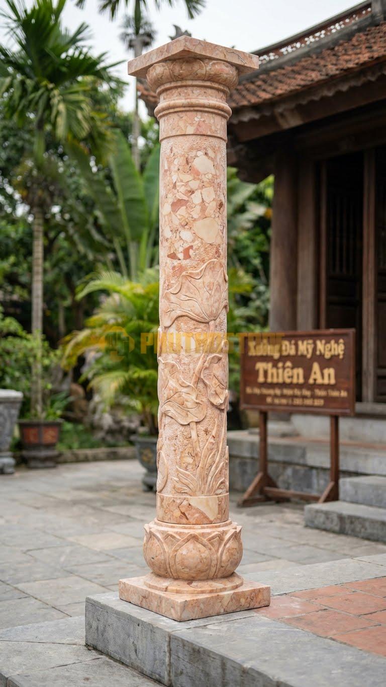 Cột Đá Hồng Sen Hóa Chân Tảng Nụ Sen, Thân Chạm Lá Sen Đứng 30X30X270 Cm