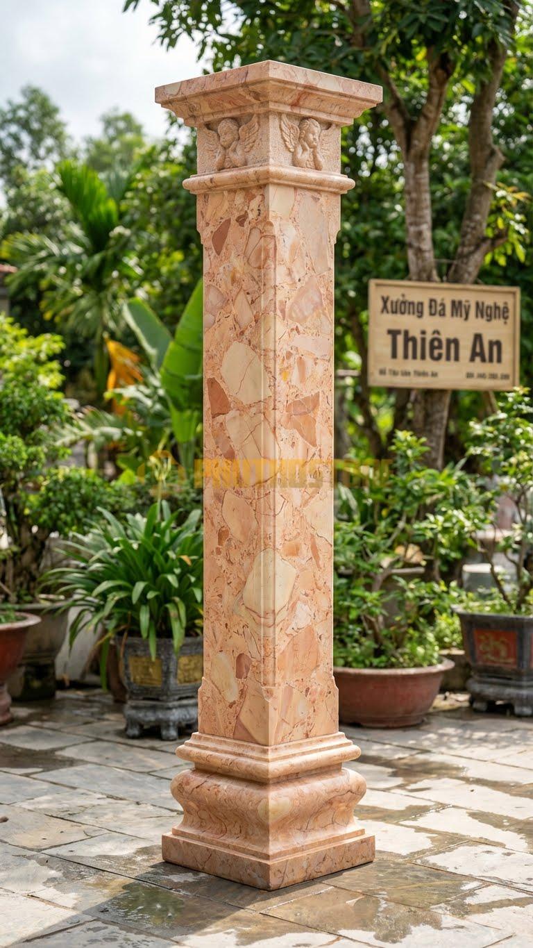 Cột Đá Hồng Thiên Thần Phù Điêu Thiên Thần Nhỏ Ở 4 Góc Đầu Cột 40X40X350 Cm