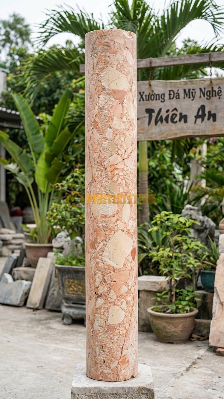 Cột Đá Hồng Tròn Trơn Đánh Nhám Tạo Cảm Giác Phong Trần, Cổ Kính Ø 30X240 Cm