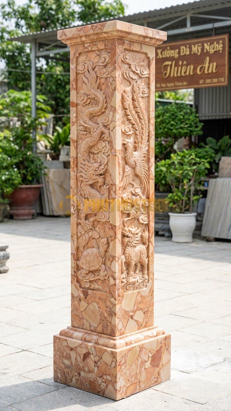 Cột Đá Hồng Tứ Linh Hóa Long-Ly-Quy-Phượng Hóa Mây Lá 30X30X280 Cm
