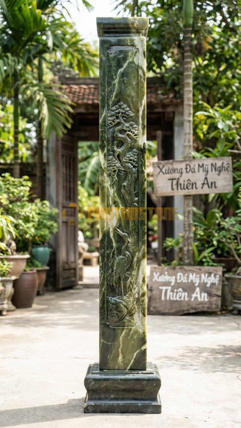 Cột Đá Serpentine Tùng Hạc Cảnh Chim Hạc Dưới Gốc Tùng Cổ Thụ 40X40X320 Cm
