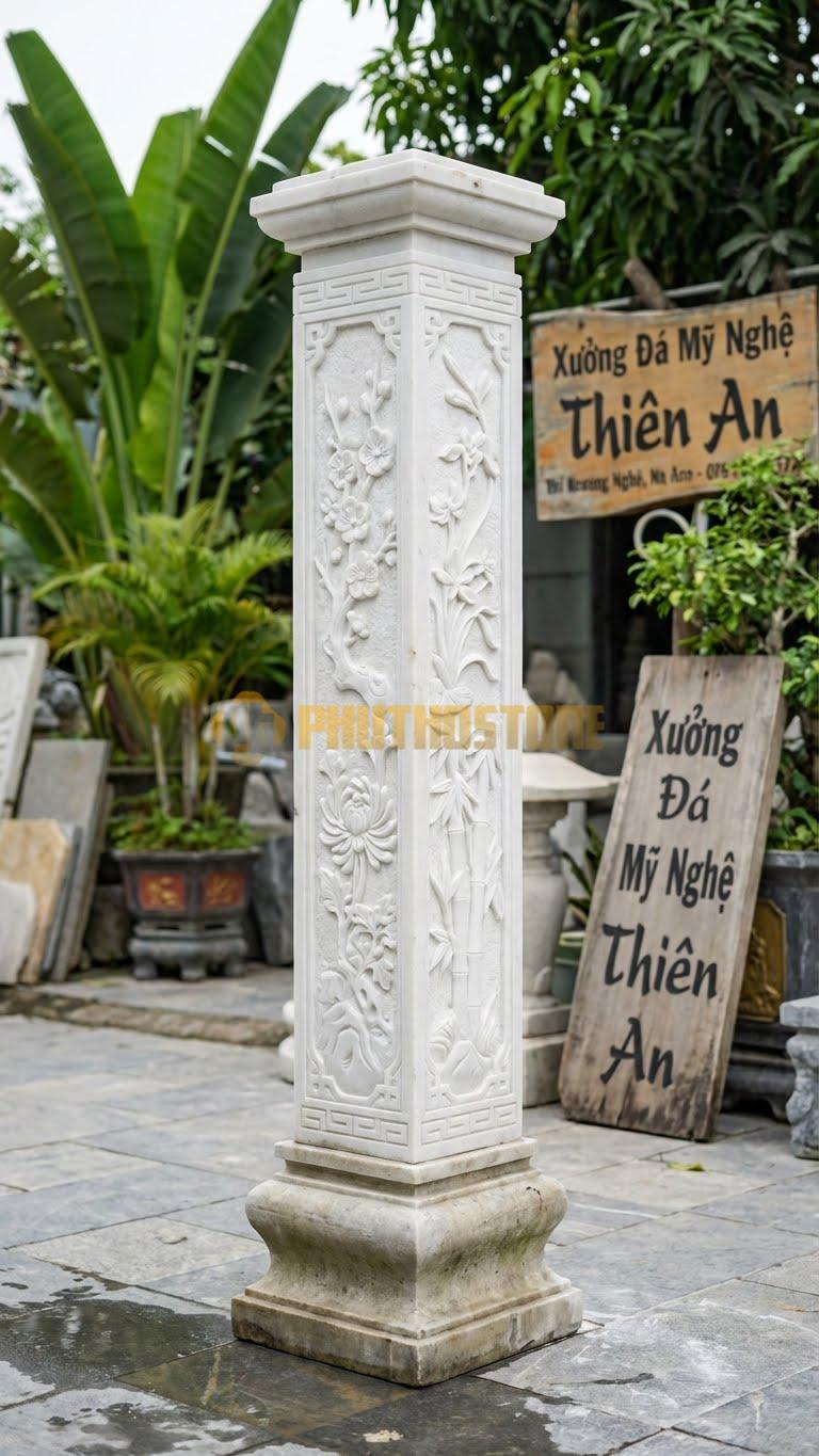Cột Đá Trắng Muối Bốn Mùa Chạm 4 Mặt: Mai – Lan – Cúc – Trúc 20X20X150 Cm