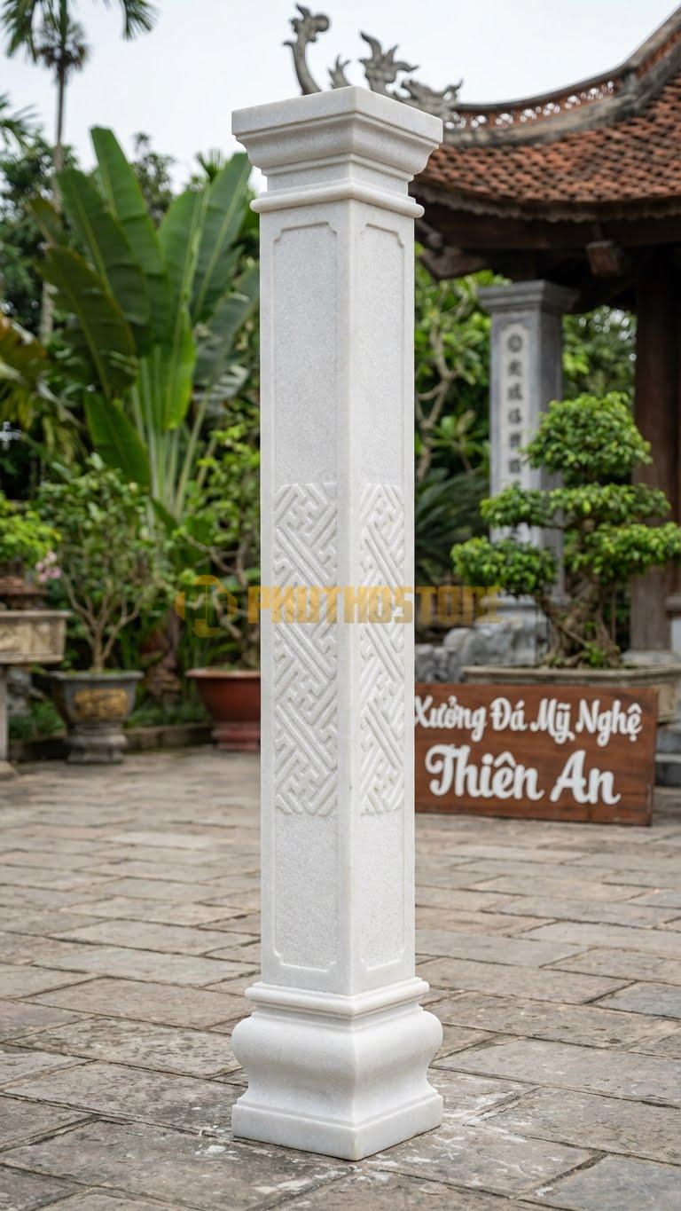 Cột Đá Trắng Muối Chữ Công Chạm Hoa Văn Hình Chữ Công Đan Xen 30X30X260 Cm