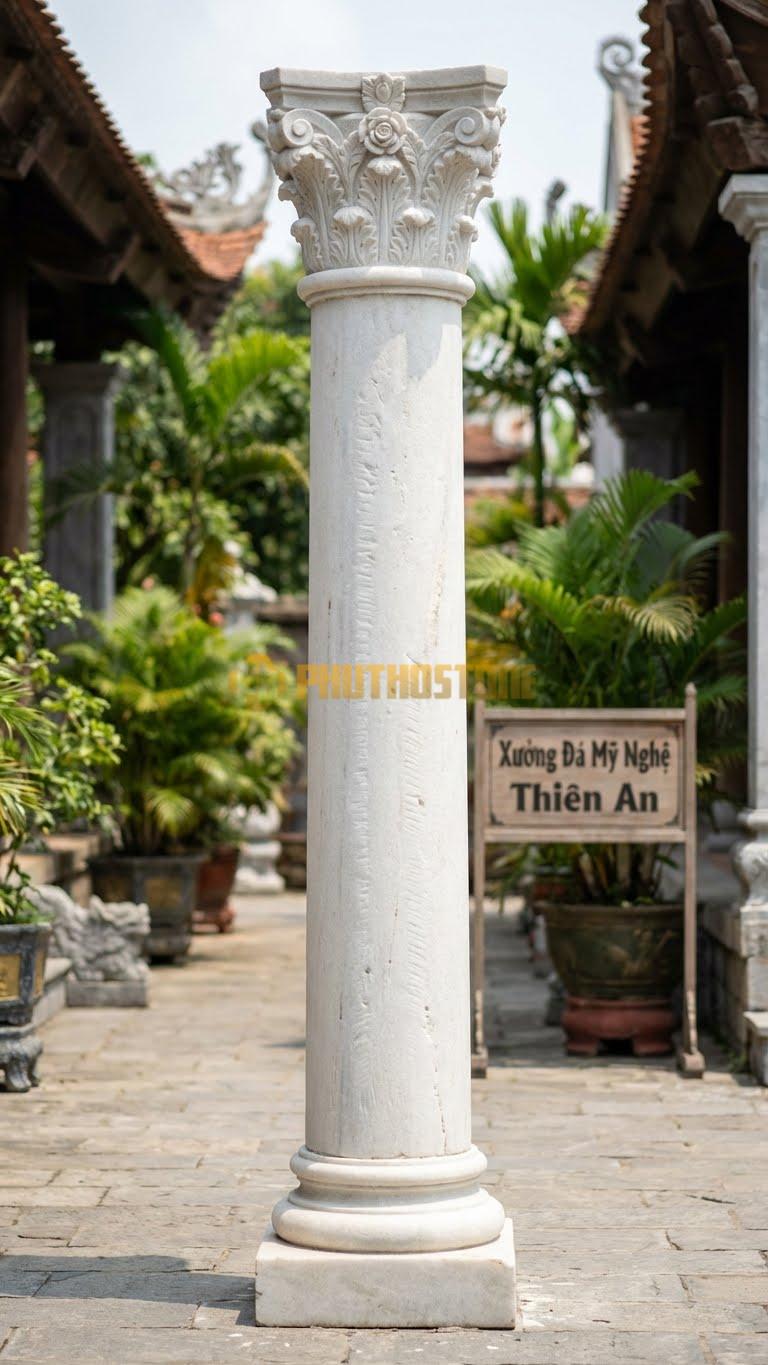 Cột Đá Trắng Muối Corinthian Hoa Hồng Đầu Cột Chạm Hoa Hồng Và Lá Sồi Ø 40X350 Cm