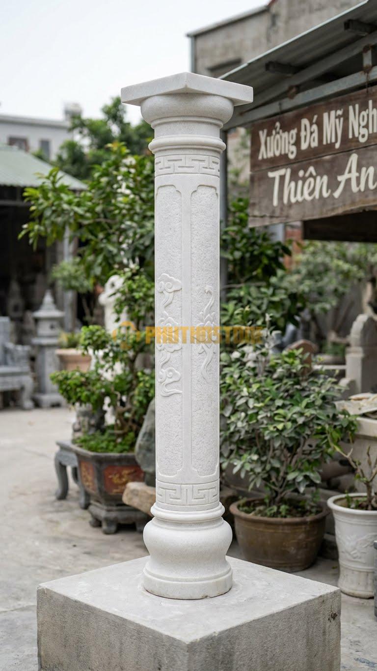 Cột Đá Trắng Muối Đá Kết Hợp Ban Công Có Gờ Đỡ Lan Can Đá Đồng Bộ Ø 30X280 Cm