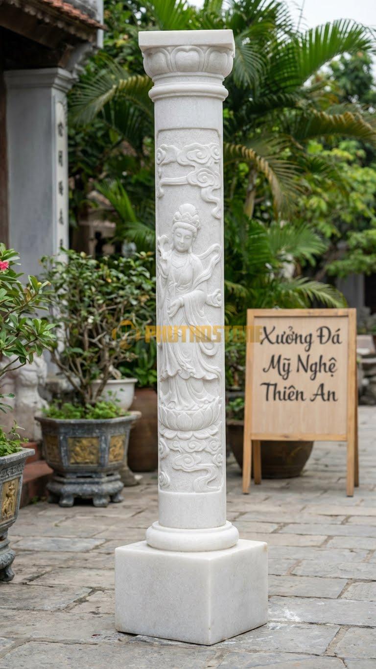 Cột Đá Trắng Muối Điêu Khắc Nữ Thần Thân Cột Chạm Phù Điêu Người/Thiên Thần Ø 40X320 Cm