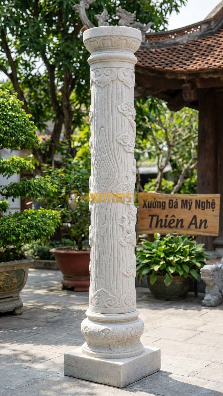 Cột Đá Trắng Muối Gỗ Hóa Đá Điêu Khắc Giả Vân Gỗ Cổ Xưa Ø 25X200 Cm