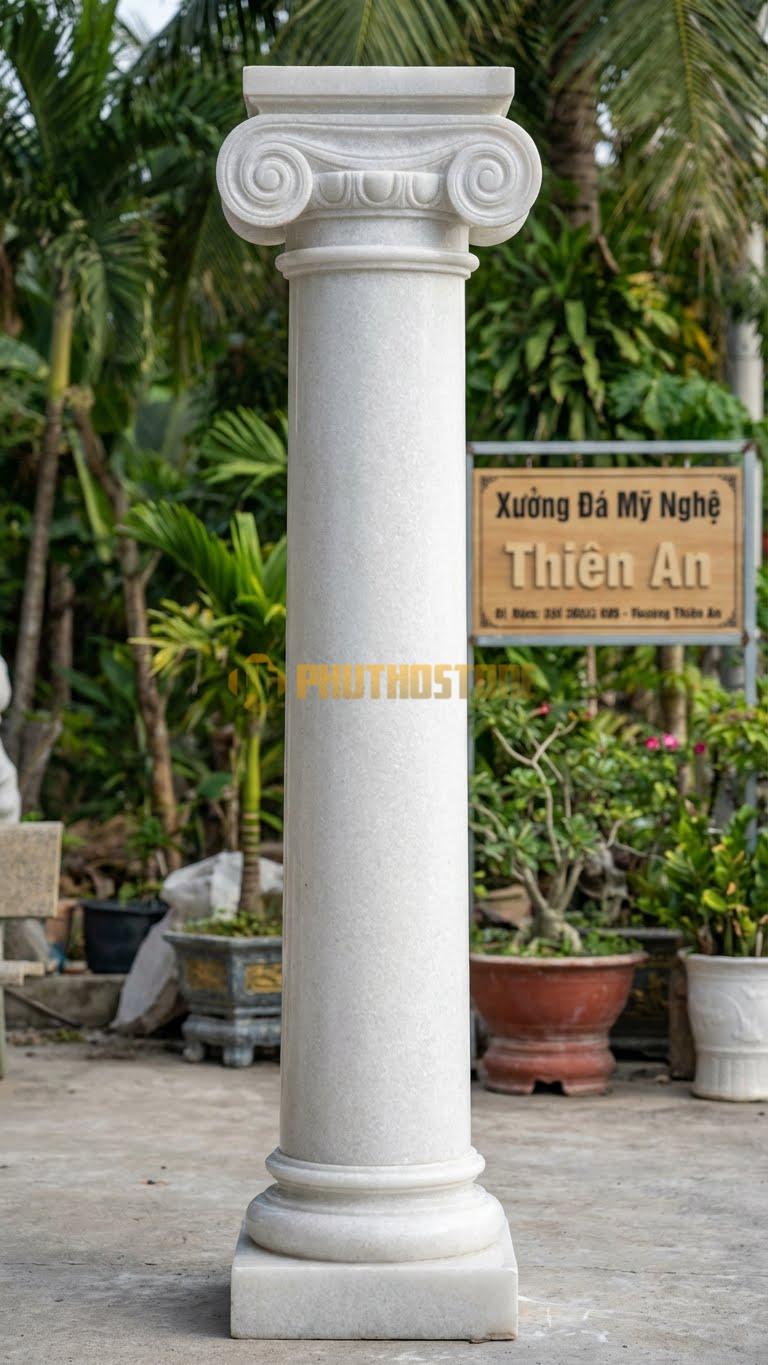 Cột Đá Trắng Muối Ionic Vòng Xoáy Đầu Cột Xoắn Ốc Đối Xứng Tinh Xảo Ø 35X300 Cm