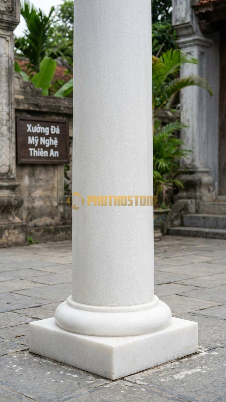 Cột Đá Trắng Muối Roman Đơn Giản Thân Trơn, Đế Vuông Cao 2 Tầng Ø 50X400 Cm