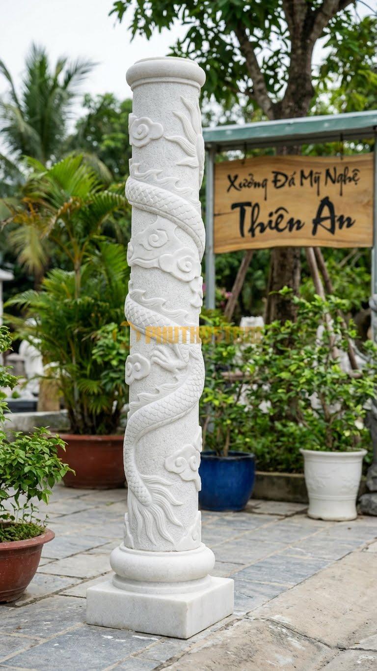 Cột Đá Trắng Muối Trạm Rồng Nhỏ Rồng Quấn Quanh Cho Tiểu Cảnh Ø 20X180 Cm
