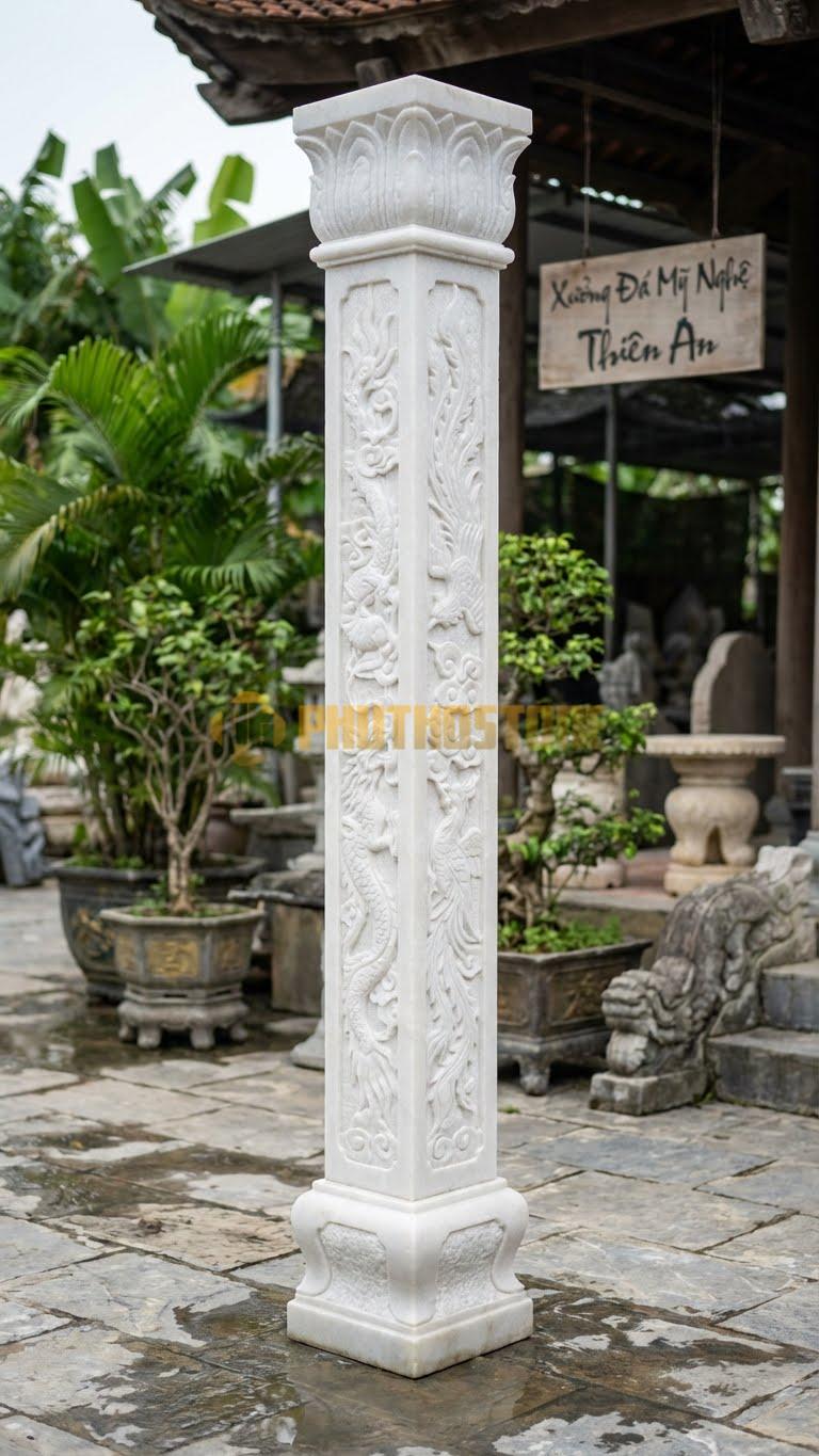 Cột Đá Trắng Muối Tứ Linh Hóa Long-Ly-Quy-Phượng Hóa Mây Lá 30X30X280 Cm