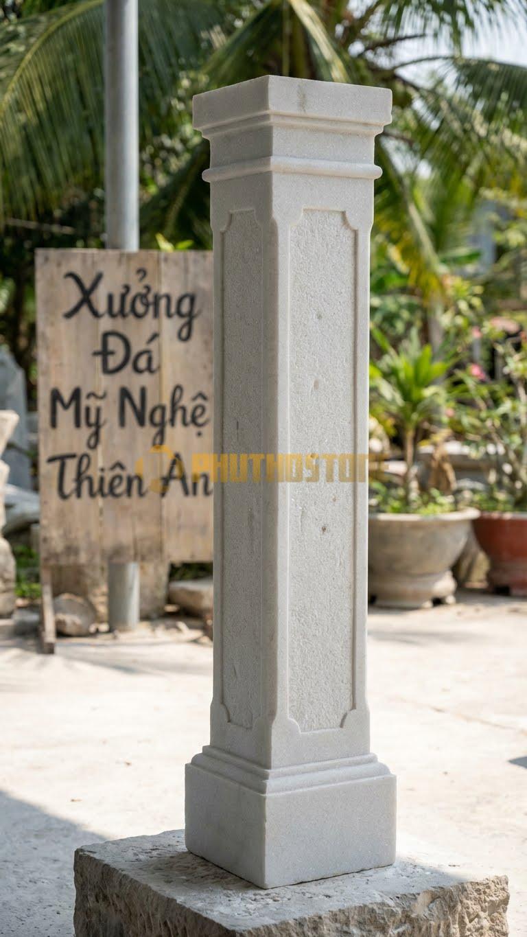 Cột Đá Trắng Muối Vuông Phào Chỉ Nổi Chỉ Nổi Bao Quanh Thân Cột Tạo Khối 45X45X360 Cm