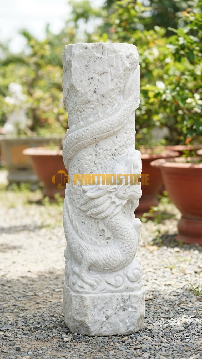 Cột Đá Tròn Đá Trắng Yên Bái, chạm rồng cuốn từ dưới lên