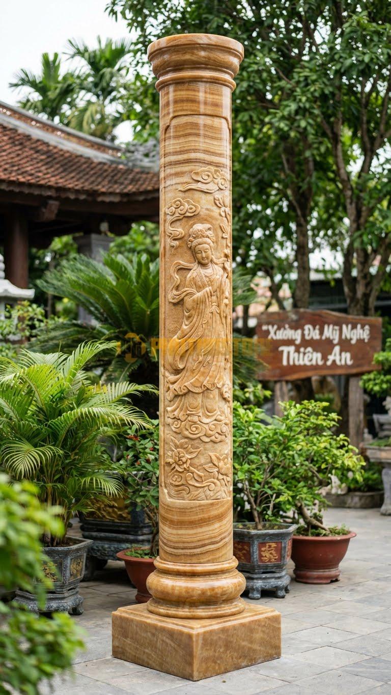 Cột Đá Vân Gỗ Điêu Khắc Nữ Thần Thân Cột Chạm Phù Điêu Người/Thiên Thần Ø 40X320 Cm