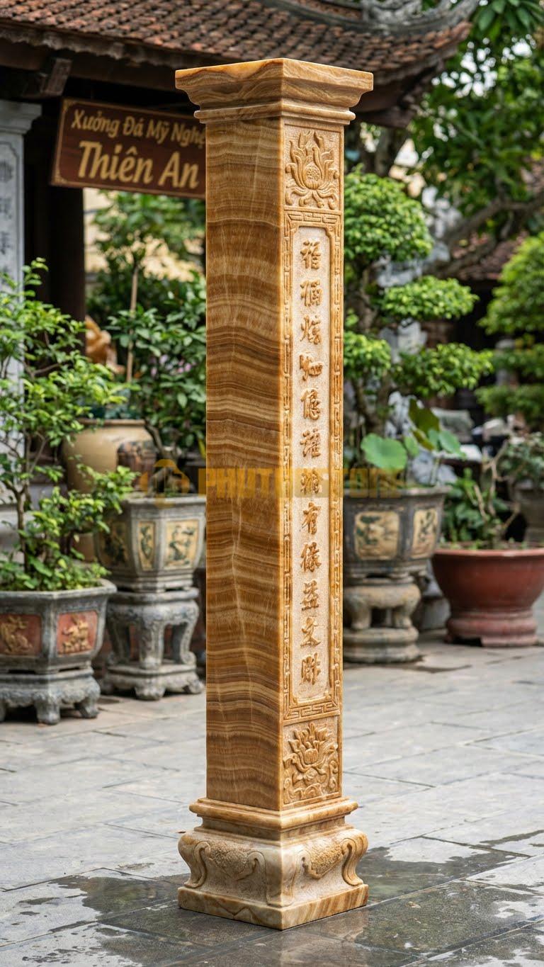 Cột Đá Vân Gỗ Hiên Chữ Nho Chạm Đôi Câu Đối Chữ Hán/Nôm Dọc Thân 25X25X250 Cm