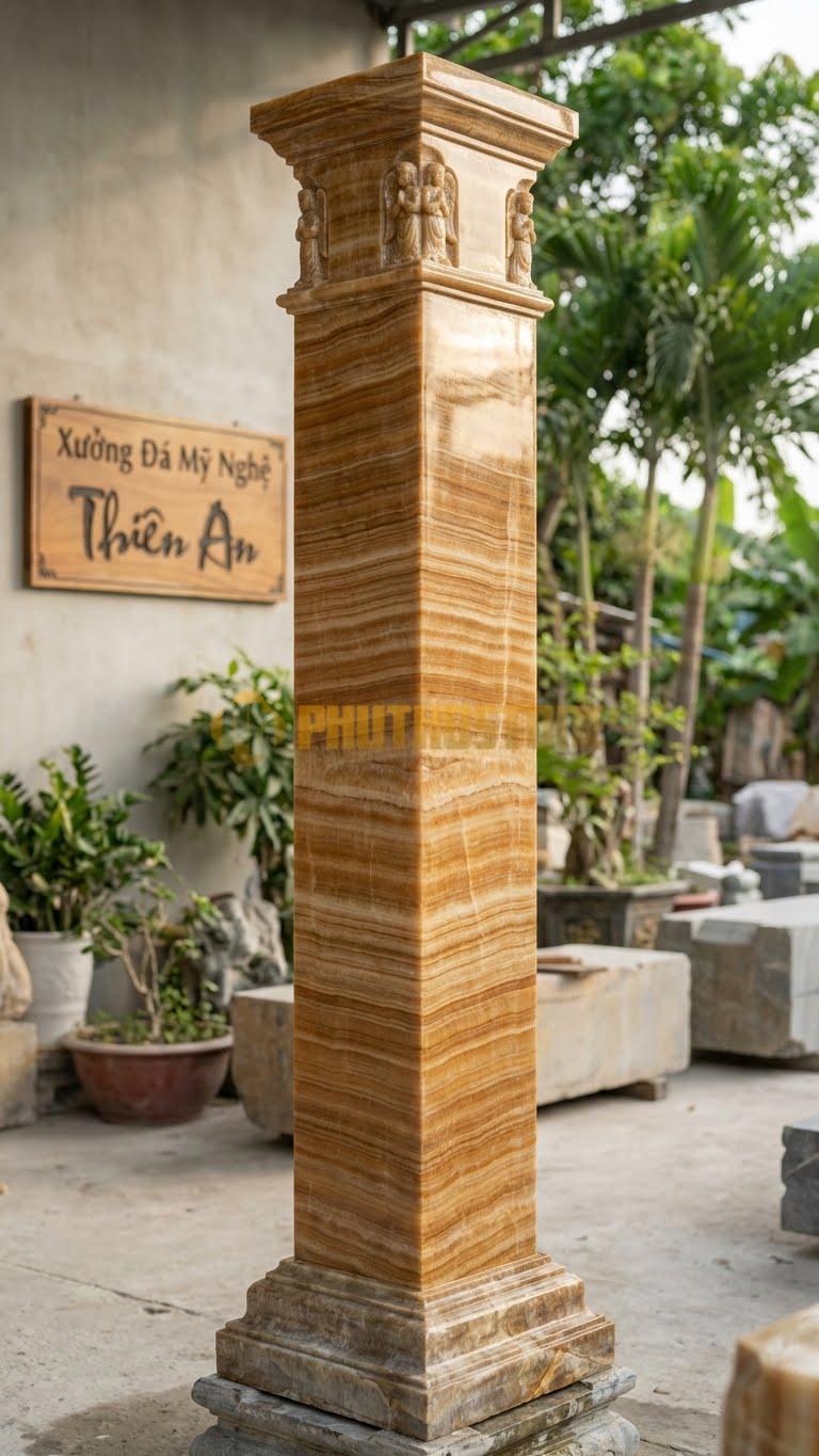 Cột Đá Vân Gỗ Thiên Thần Phù Điêu Thiên Thần Nhỏ Ở 4 Góc Đầu Cột 40X40X350 Cm
