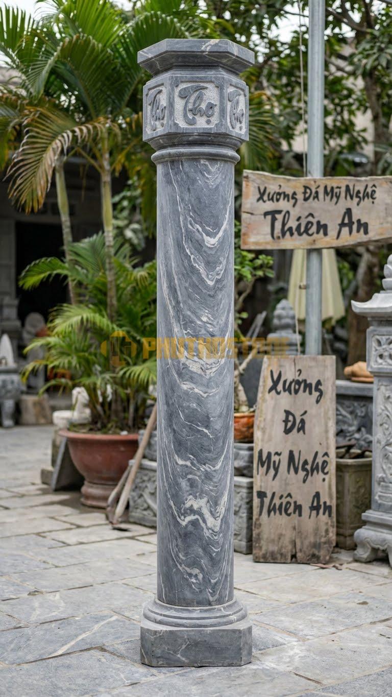 Cột Đá Vân Mây Đồng Trụ Đèn Lồng Đầu Cột Hình Bát Giác, Chạm Chữ Thọ 35X35X400 Cm