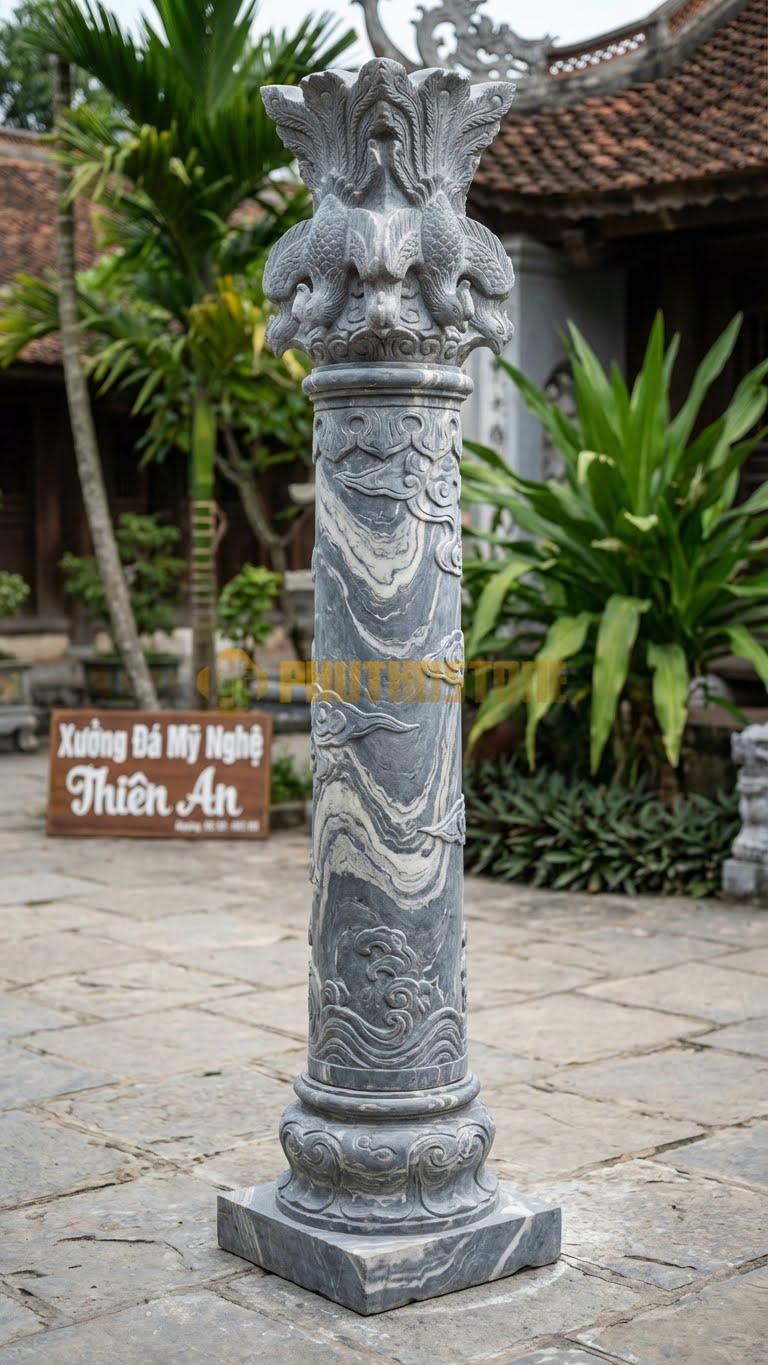 Cột Đá Vân Mây Đồng Trụ Phượng Lật Đầu Cột Chạm 4 Con Phượng Chụm Đuôi 40X40X450 Cm