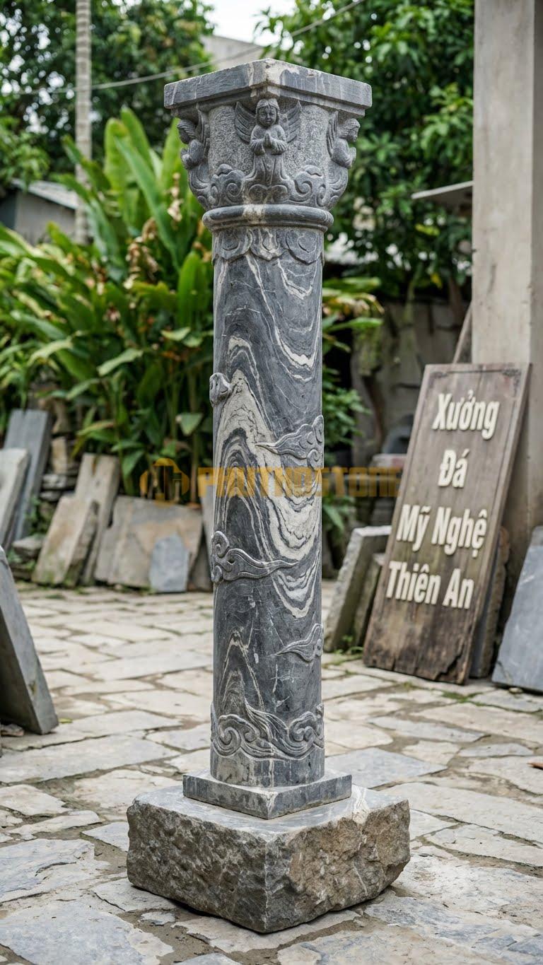 Cột Đá Vân Mây Thiên Thần Phù Điêu Thiên Thần Nhỏ Ở 4 Góc Đầu Cột 40X40X350 Cm