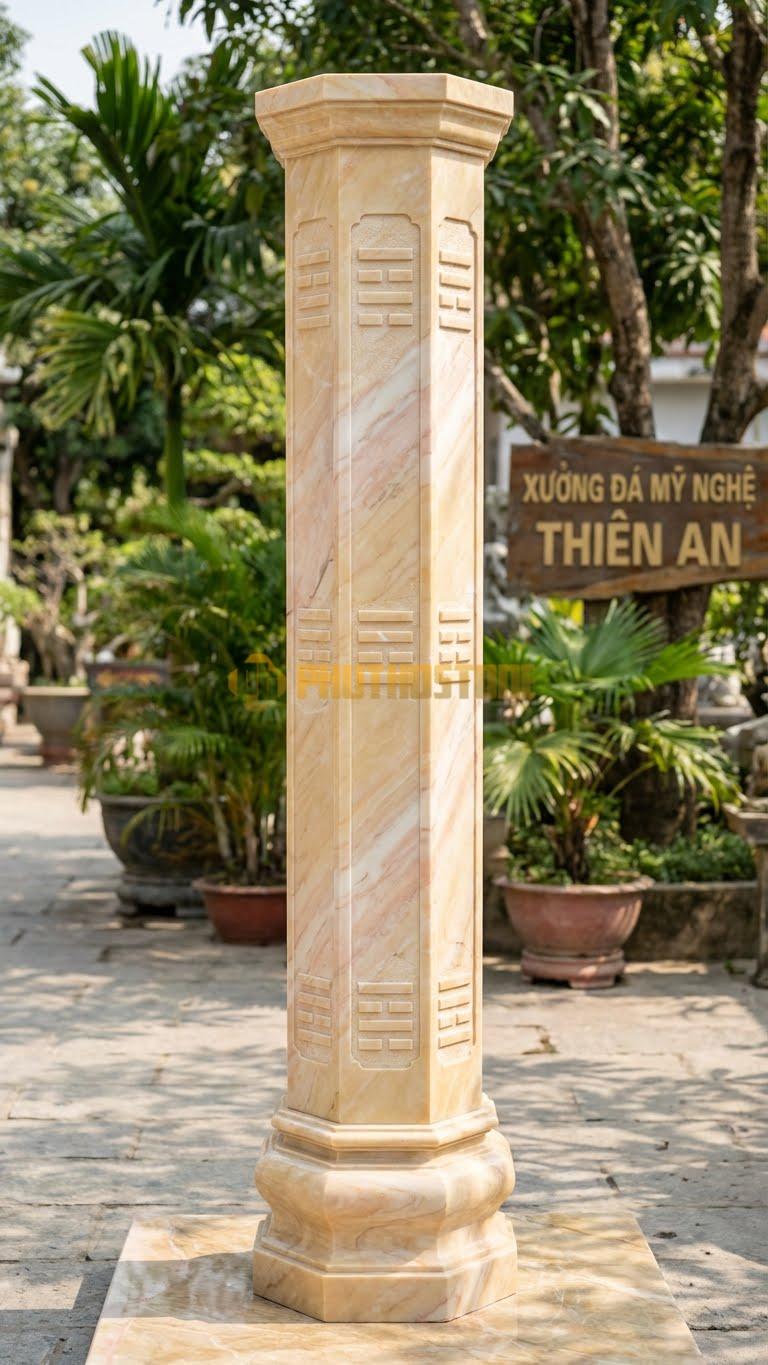 Cột Đá Vàng Nghệ An Bát Quái Thân Cột Hình Bát Giác, Chạm 8 Quẻ Ø 35X300 Cm