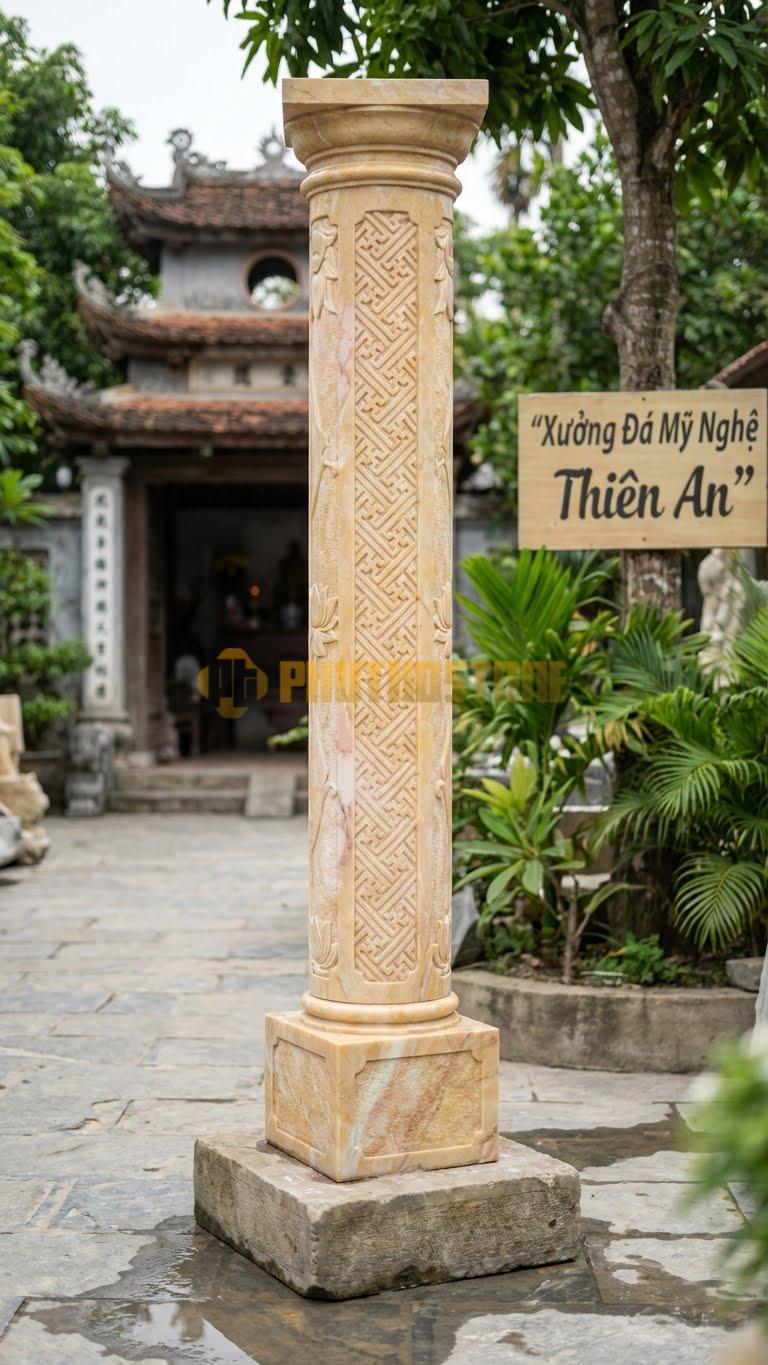 Cột Đá Vàng Nghệ An Chữ Công Chạm Hoa Văn Hình Chữ Công Đan Xen 30X30X260 Cm