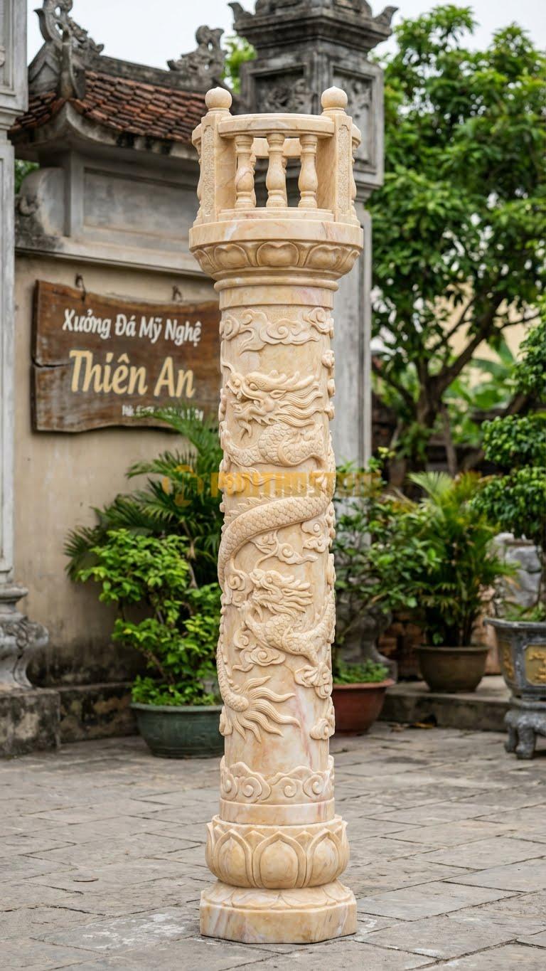 Cột Đá Vàng Nghệ An Đá Kết Hợp Ban Công Có Gờ Đỡ Lan Can Đá Đồng Bộ Ø 30X280 Cm
