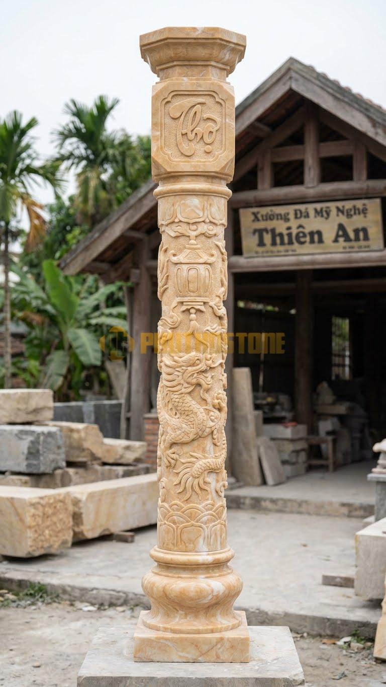 Cột Đá Vàng Nghệ An Đồng Trụ Đèn Lồng Đầu Cột Hình Bát Giác, Chạm Chữ Thọ 35X35X400 Cm