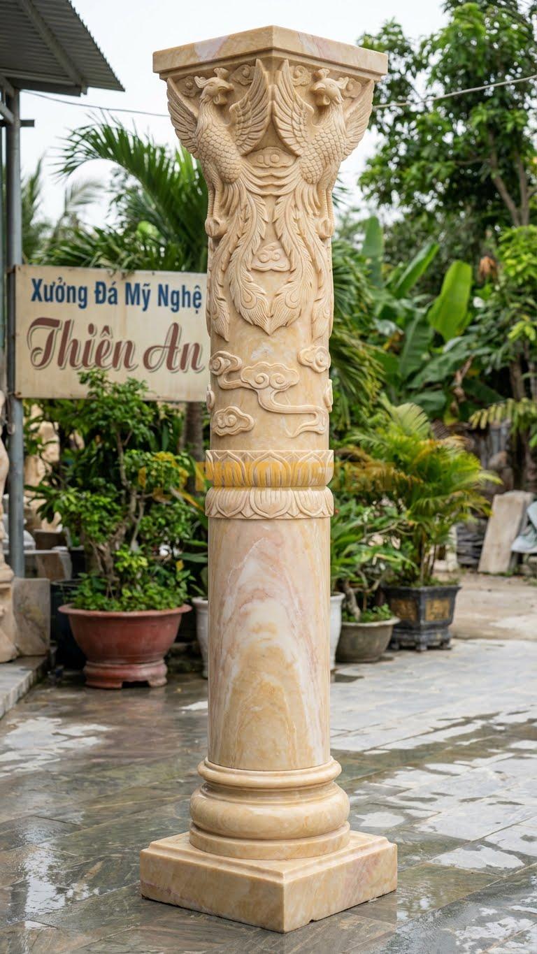 Cột Đá Vàng Nghệ An Đồng Trụ Phượng Lật Đầu Cột Chạm 4 Con Phượng Chụm Đuôi 40X40X450 Cm