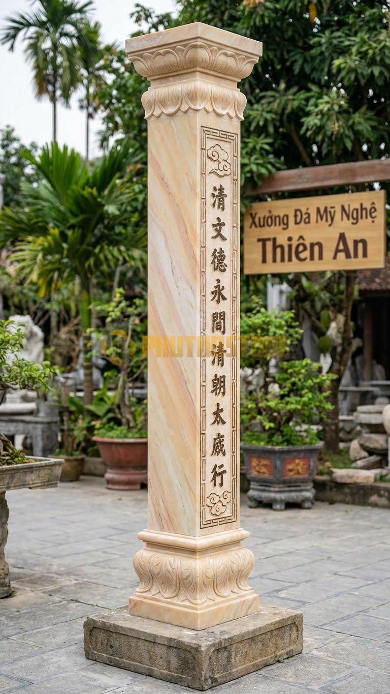 Cột Đá Vàng Nghệ An Hiên Chữ Nho Chạm Đôi Câu Đối Chữ Hán/Nôm Dọc Thân 25X25X250 Cm