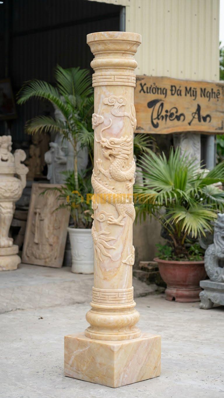 Cột Đá Vàng Nghệ An Trạm Rồng Nhỏ Rồng Quấn Quanh Cho Tiểu Cảnh Ø 20X180 Cm