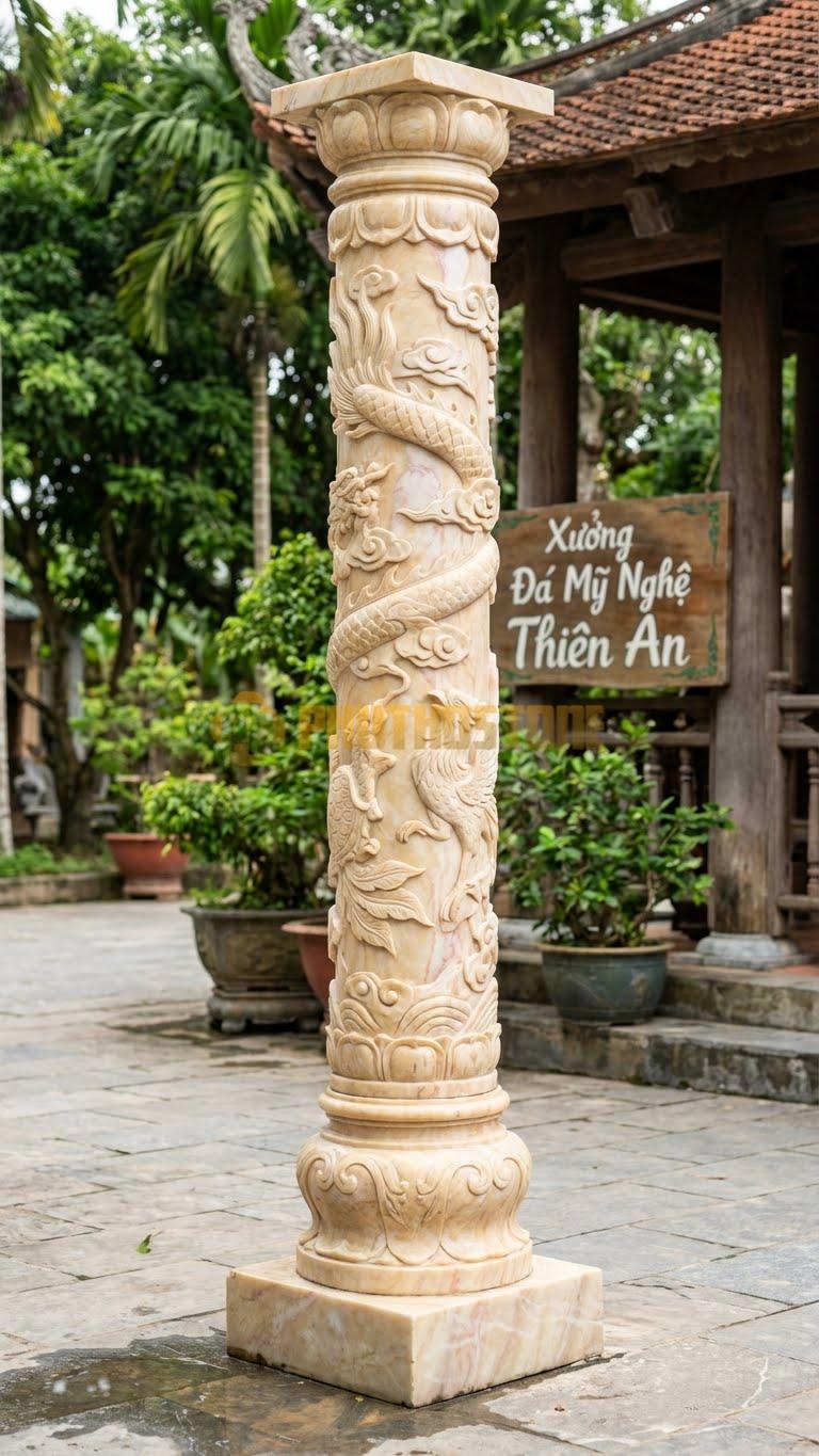 Cột Đá Vàng Nghệ An Tứ Linh Hóa Long-Ly-Quy-Phượng Hóa Mây Lá 30X30X280 Cm