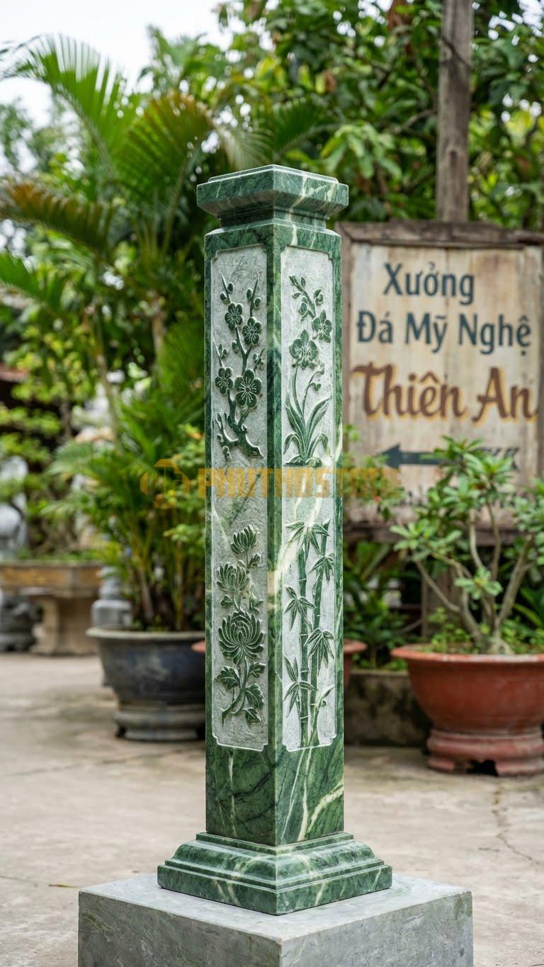 Cột Đá Xanh Ấn Bốn Mùa Chạm 4 Mặt: Mai – Lan – Cúc – Trúc 20X20X150 Cm