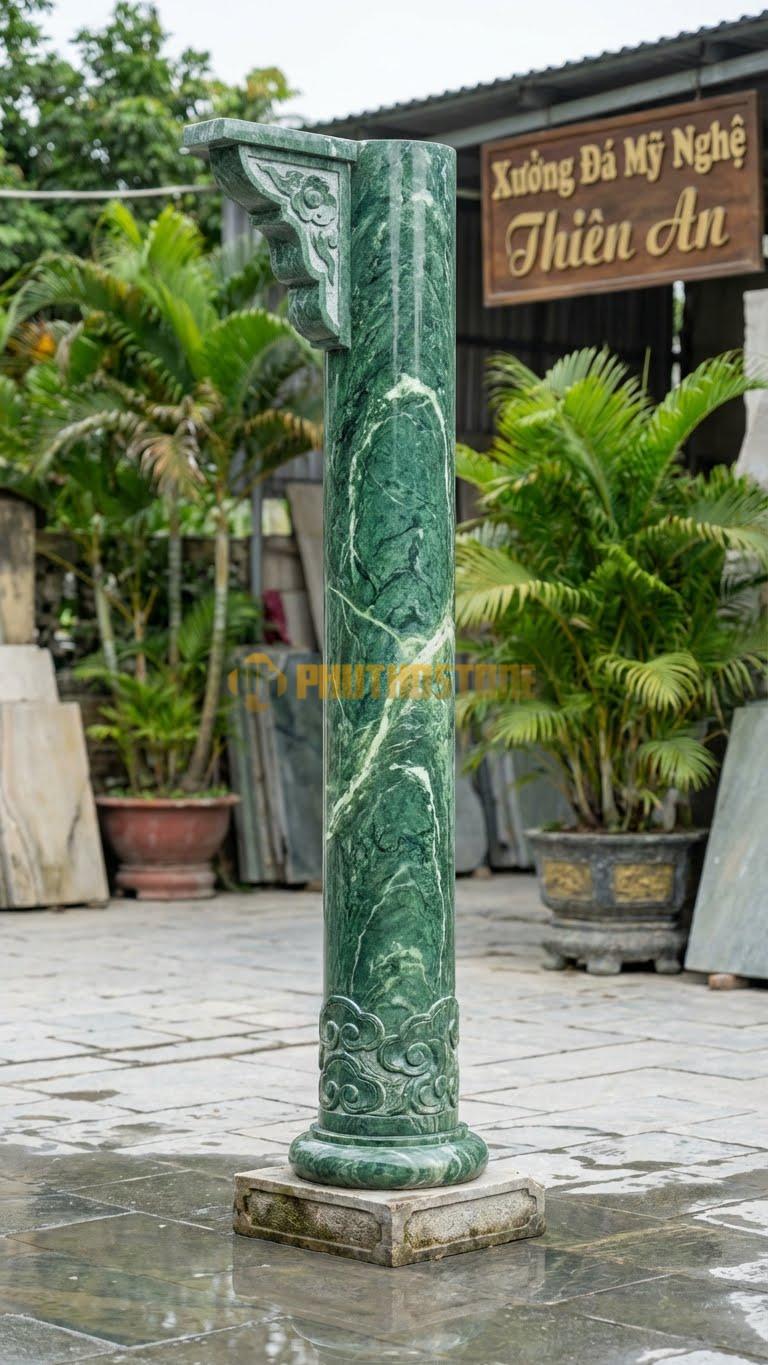 Cột Đá Xanh Ấn Đá Kết Hợp Ban Công Có Gờ Đỡ Lan Can Đá Đồng Bộ Ø 30X280 Cm
