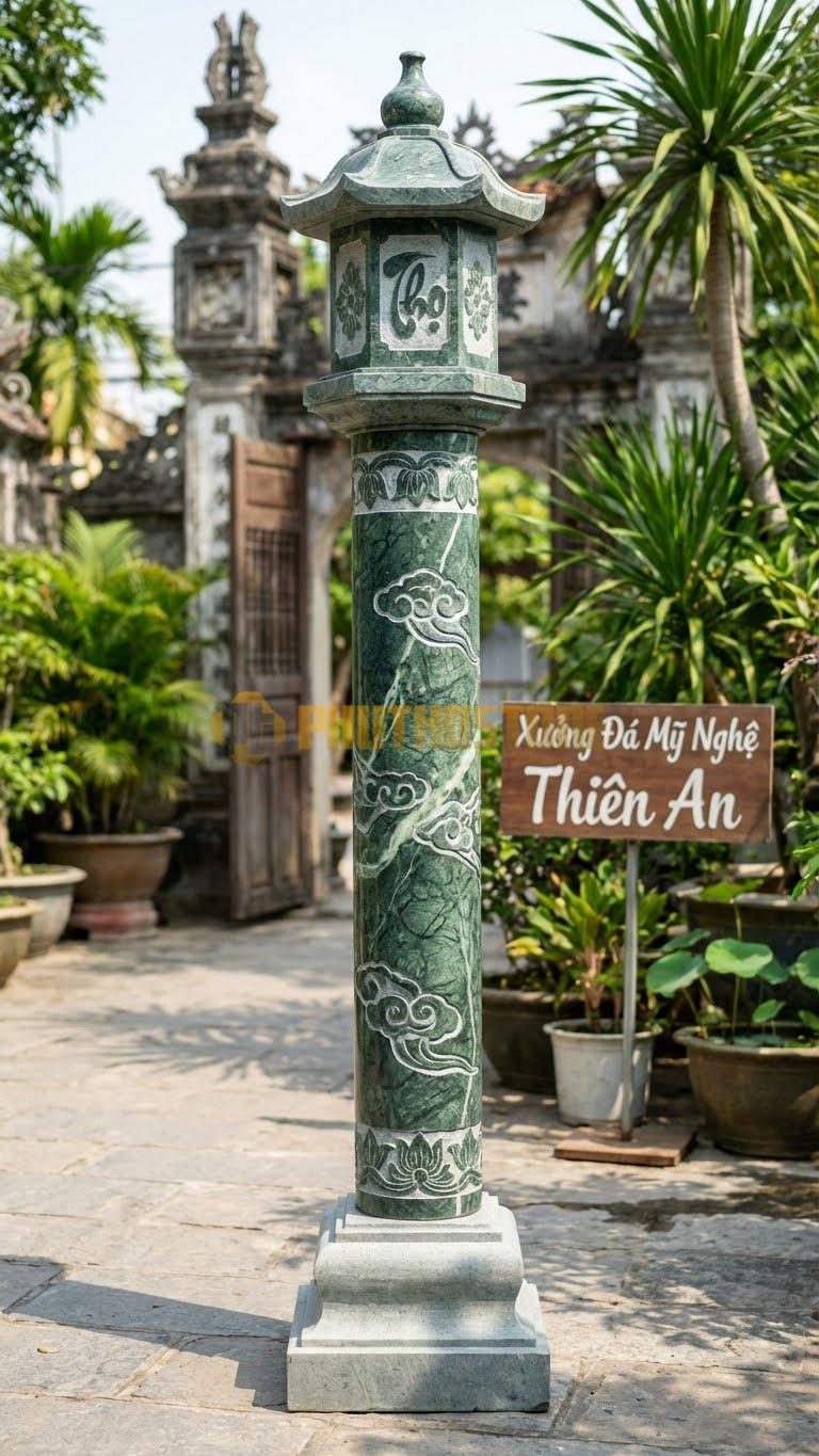 Cột Đá Xanh Ấn Đồng Trụ Đèn Lồng Đầu Cột Hình Bát Giác, Chạm Chữ Thọ 35X35X400 Cm