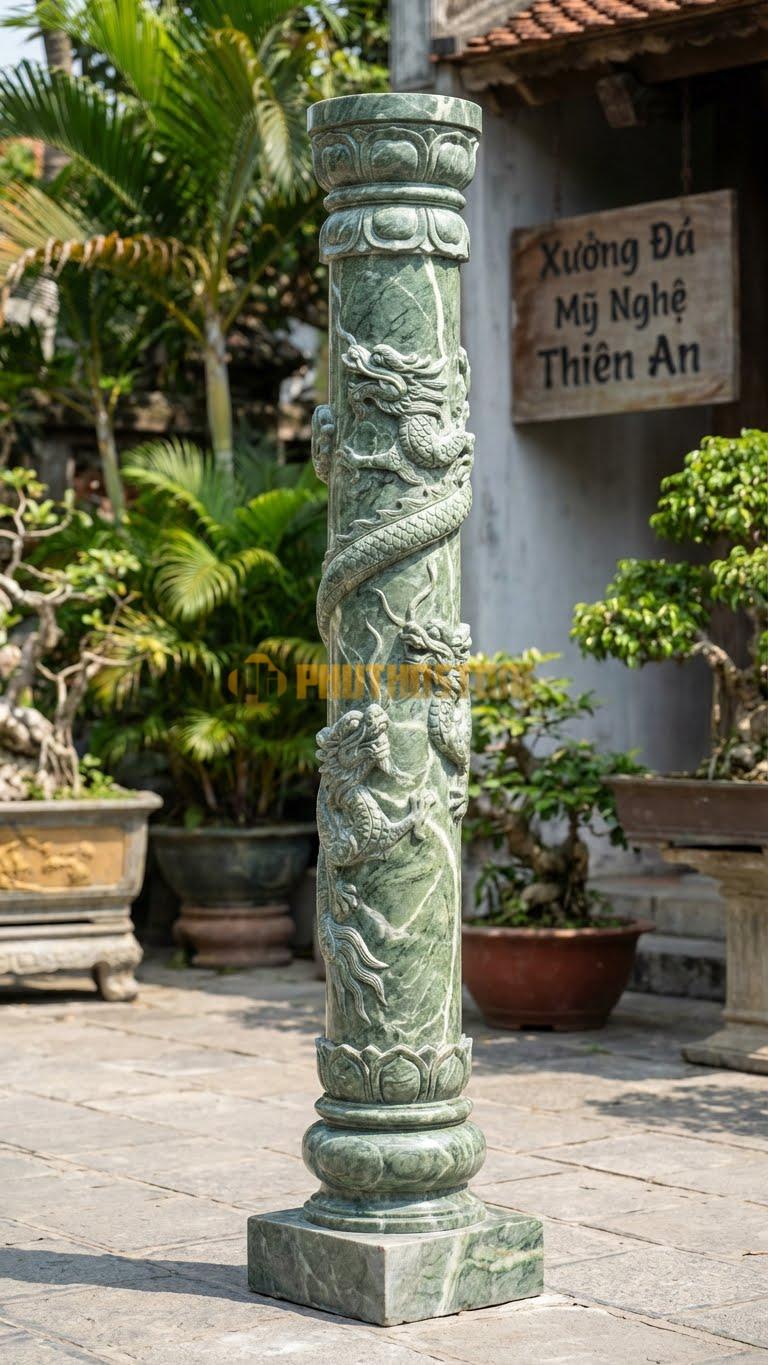 Cột Đá Xanh Ấn Trạm Rồng Nhỏ Rồng Quấn Quanh Cho Tiểu Cảnh Ø 20X180 Cm