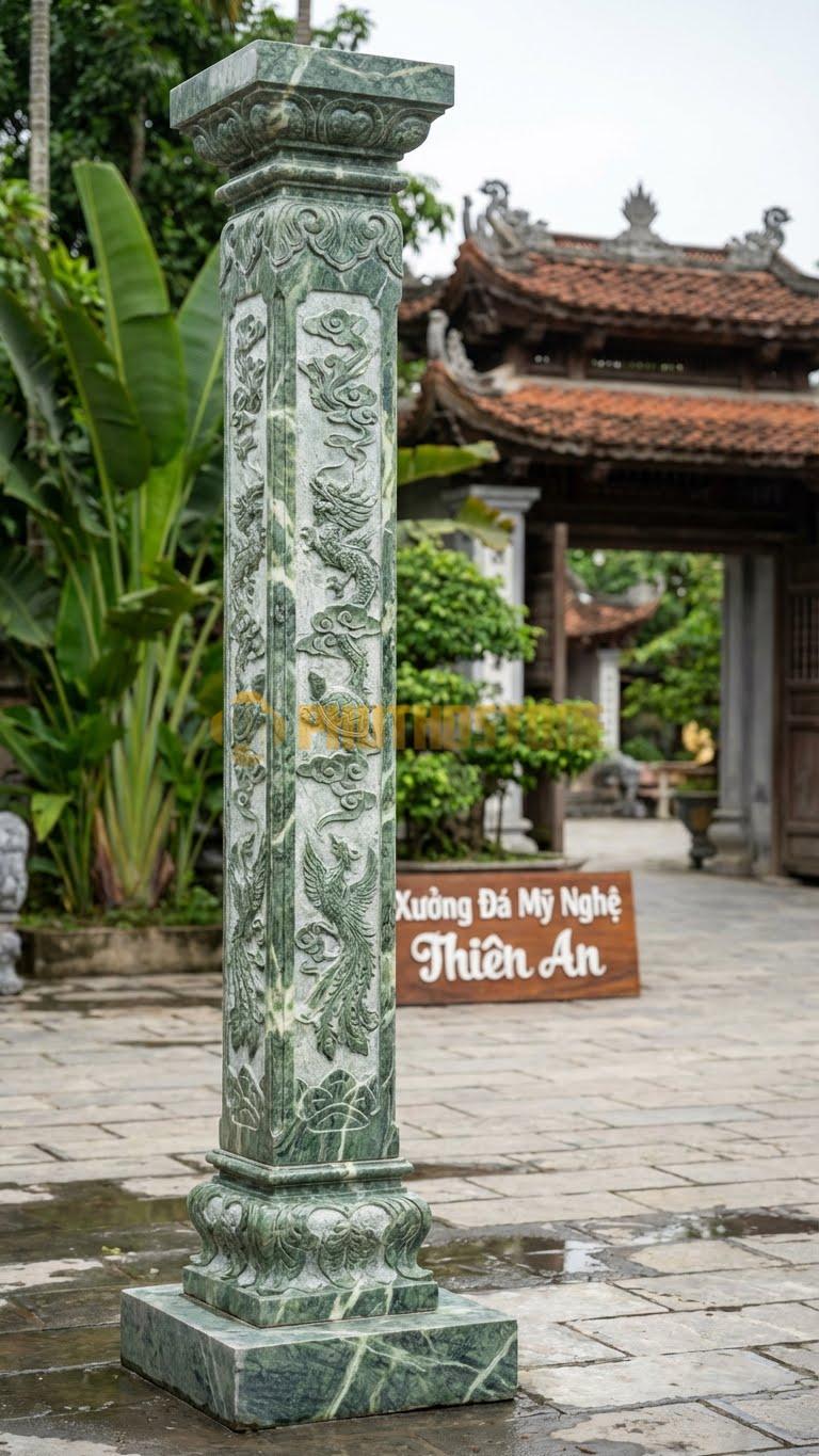 Cột Đá Xanh Ấn Tứ Linh Hóa Long-Ly-Quy-Phượng Hóa Mây Lá 30X30X280 Cm
