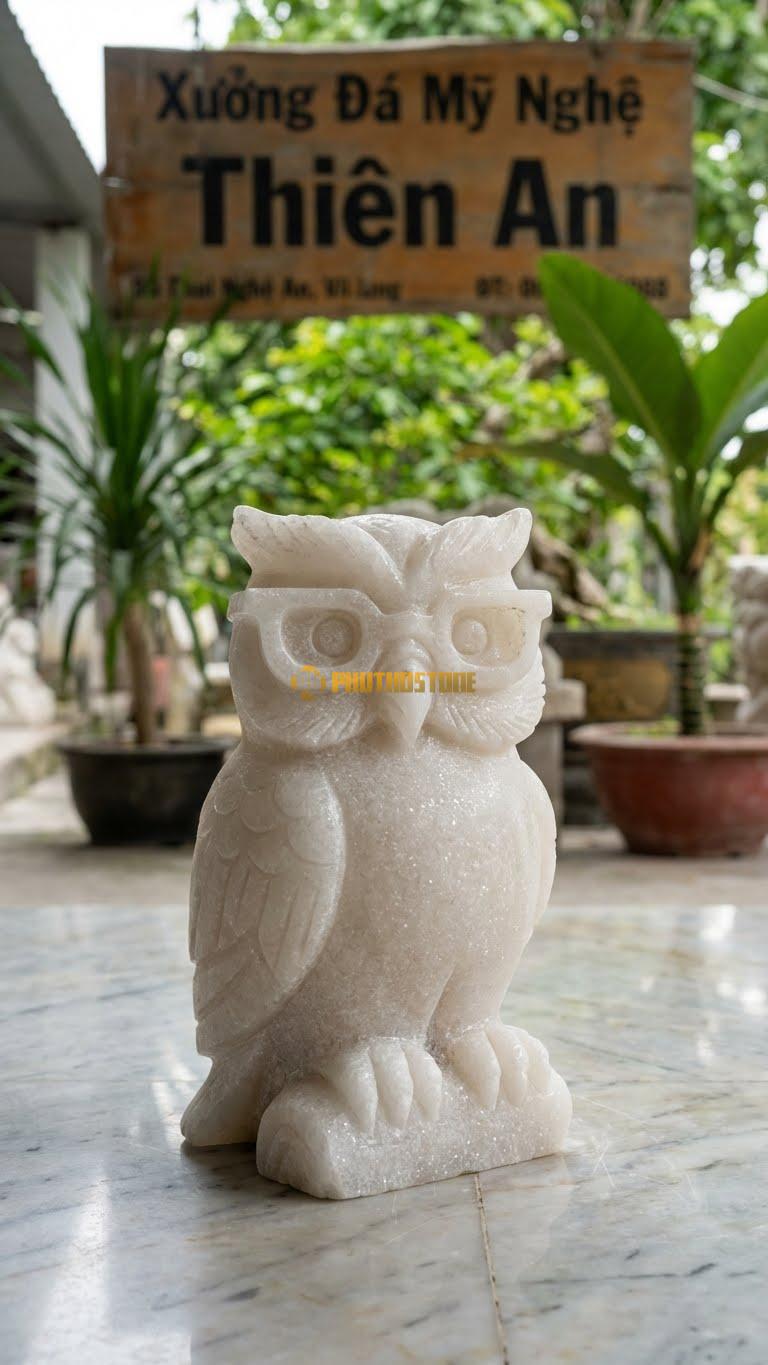 Cú Mèo Đeo Kính Bằng Đá Trắng Muối, Kiểu Dáng Cách Điệu Nhân Hóa. Kích Thước Cao 20cm.
