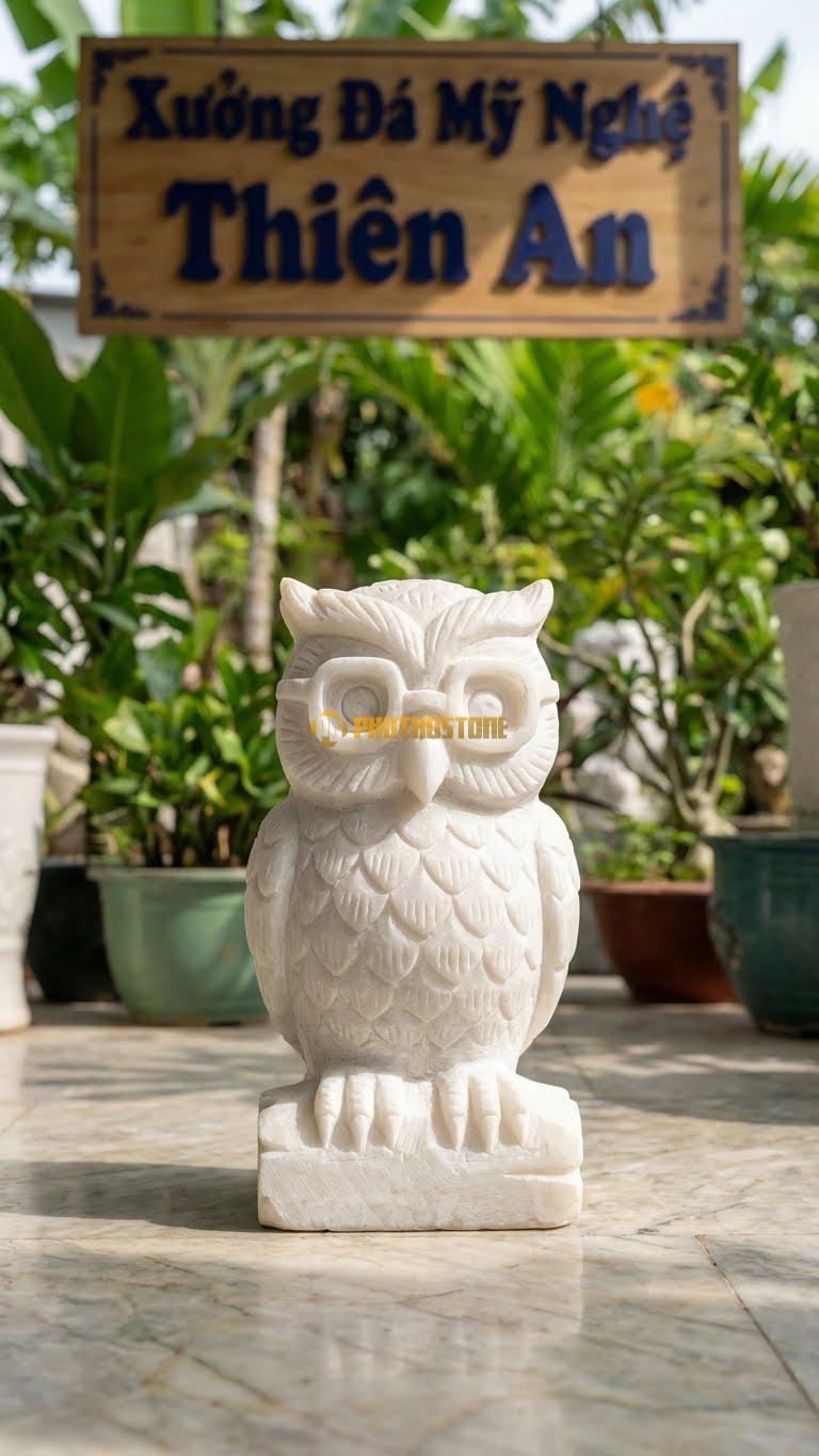 Cú Mèo Đeo Kính Bằng Đá Trắng Muối, Kiểu Dáng Cách Điệu Nhân Hóa. Kích Thước Cao 20cm.
