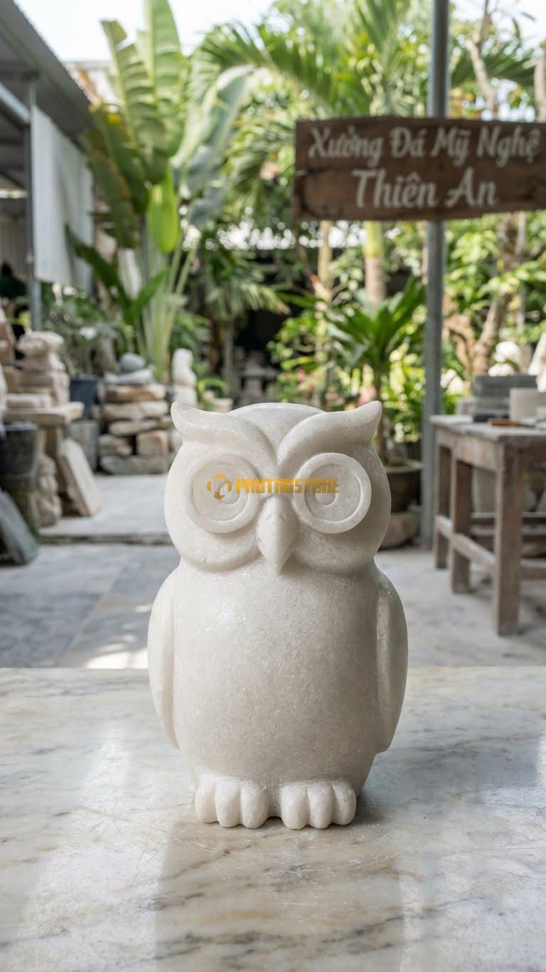 Cú Mèo Đeo Kính Bằng Đá Trắng Muối, Kiểu Dáng Cách Điệu Nhân Hóa. Kích Thước Cao 20cm.