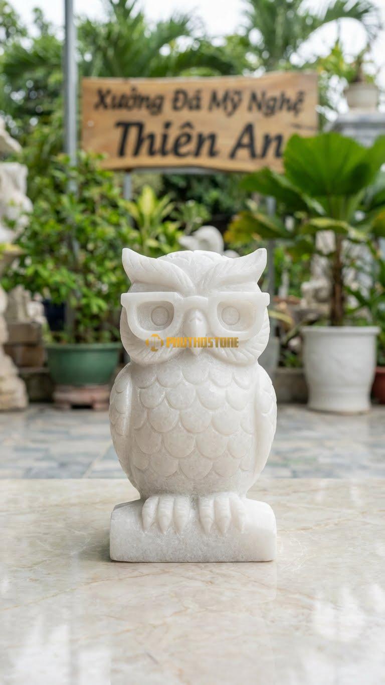 Cú Mèo Đeo Kính Bằng Đá Trắng Muối, Kiểu Dáng Cách Điệu Nhân Hóa. Kích Thước Cao 20cm.