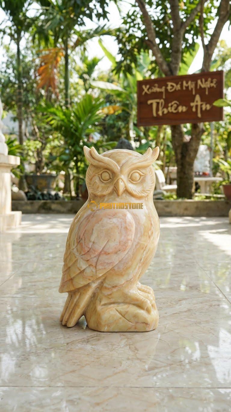 Cú Mèo Phương Bắc Bằng Đá Vàng Nghệ An, Kiểu Dáng Lông Mày Dài, Mặt Nghiêm Nghị. Kích Thước Cao 35cm.