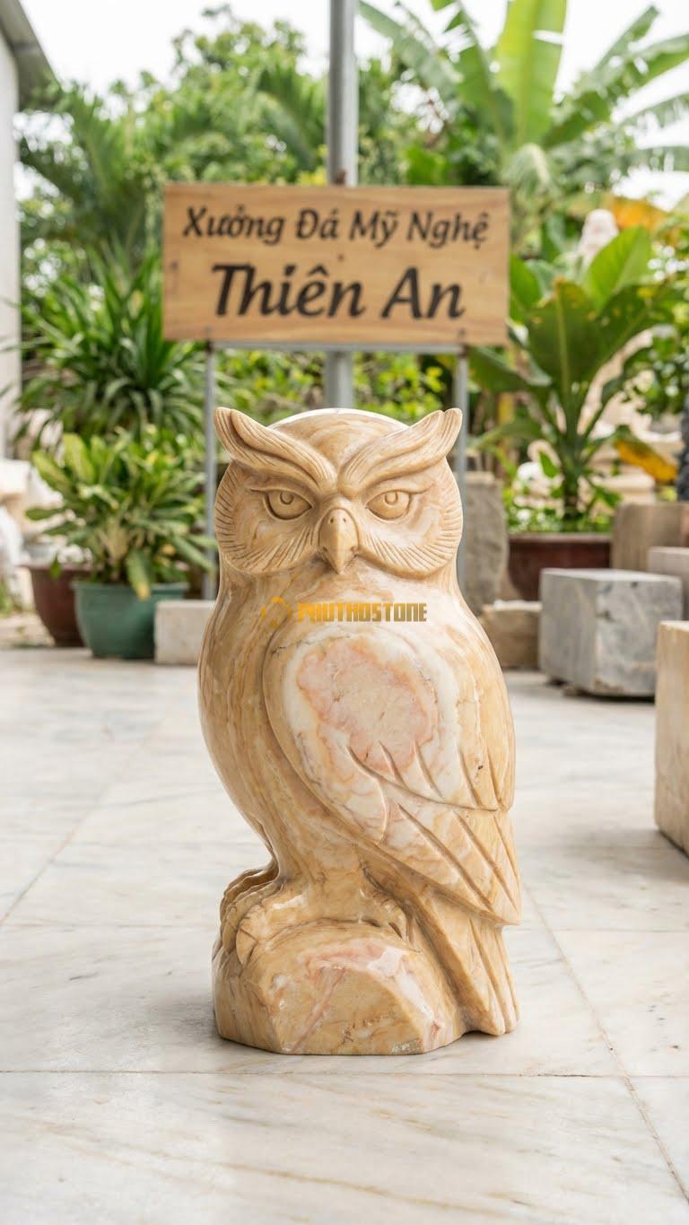 Cú Mèo Phương Bắc Bằng Đá Vàng Nghệ An, Kiểu Dáng Lông Mày Dài, Mặt Nghiêm Nghị. Kích Thước Cao 35cm.