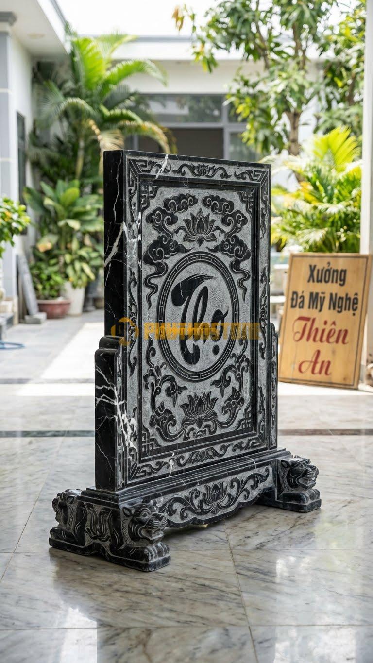 Cuốn Thư Đá Đen Tia Chớp Chữ Thọ Đế Chân Quỳ L147: Đế Chân Quỳ Chạm Hổ Phù. (L147 x H89 Cm).