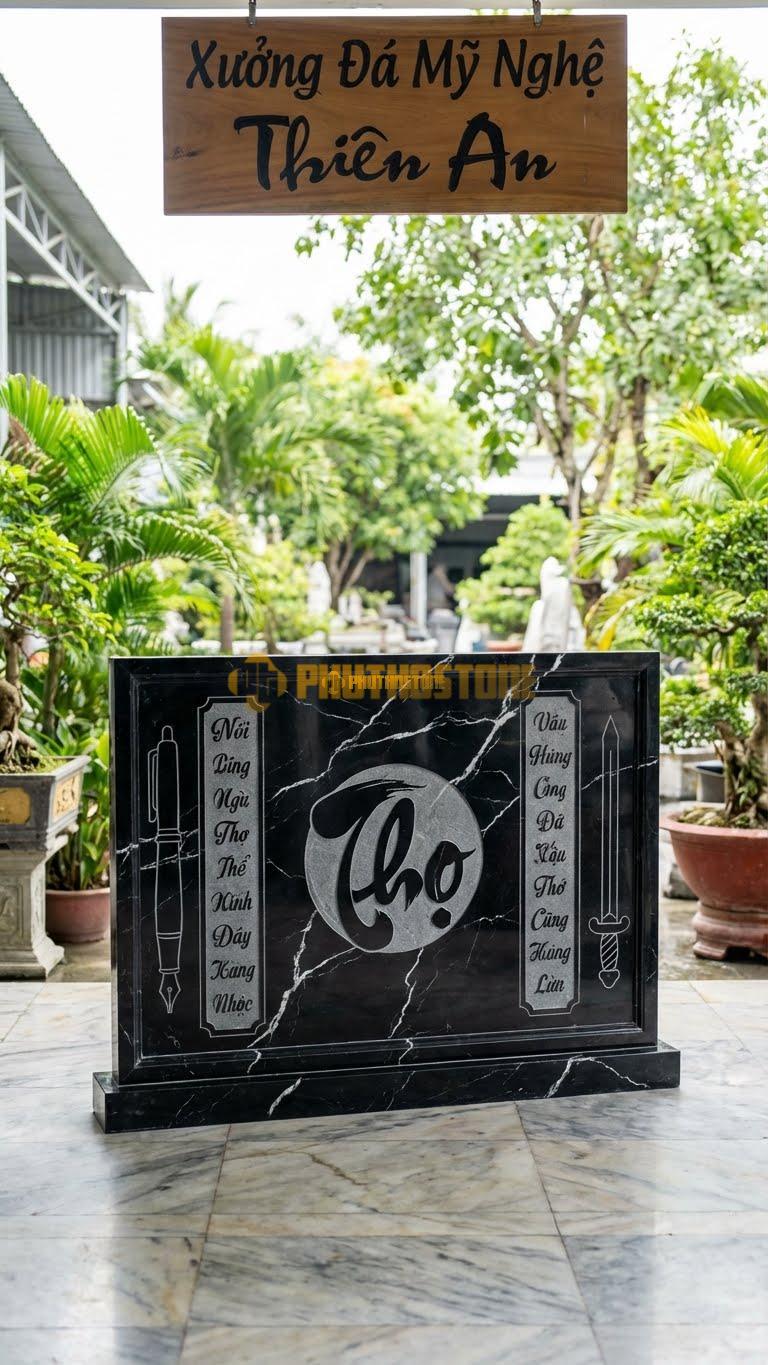 Cuốn Thư Đá Đen Tia Chớp Chữ Thọ Kết Hợp Câu Đối L176: Hai Bên Bút Kiếm Có Khắc Câu Đối Nhỏ. (L176 x H127 Cm).