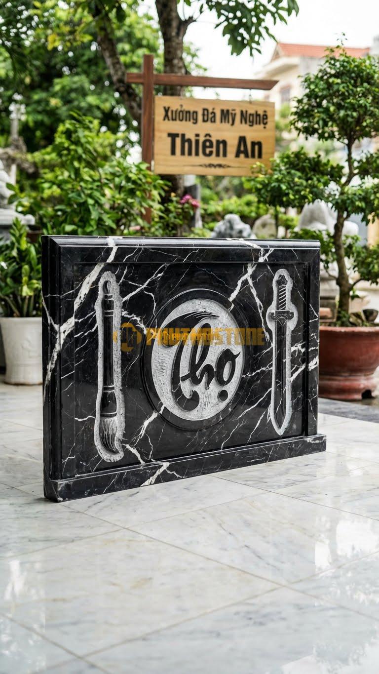 Cuốn Thư Đá Đen Tia Chớp Chữ Thọ Tròn L127: Chữ Thọ Triện Tròn Ở Giữa, Bút Kiếm Hai Bên. (L127 x H81 Cm).