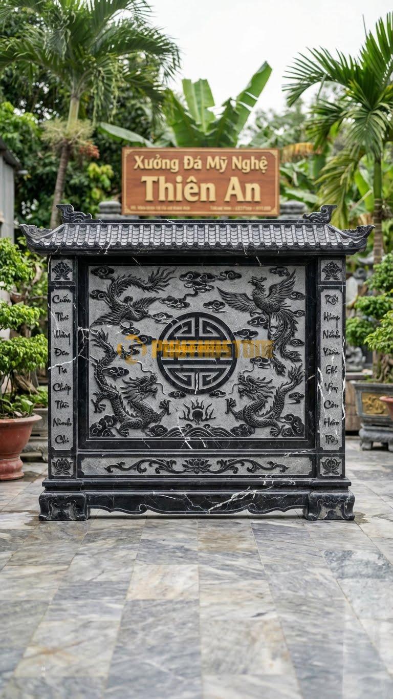 Cuốn Thư Đá Đen Tia Chớp Cột Đèn 2 Tầng Mái L217: Đèn Trên Cột Có 2 Tầng Mái Đao Bề Thế. (L217 x H180 Cm).