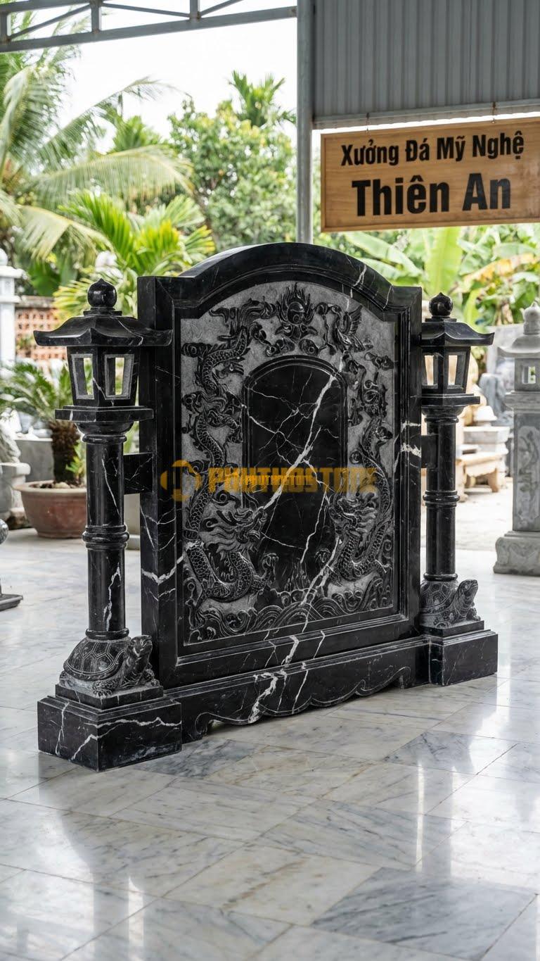 Cuốn Thư Đá Đen Tia Chớp Cột Đèn Chạm Tứ Linh L197: Chân Cột Đèn Chạm Rùa/Hạc, Thân Chạm Rồng. (L197 x H176 Cm).